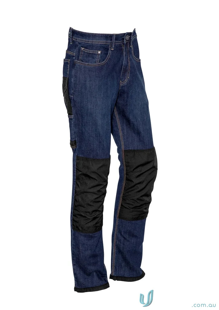 Blue denim work pants with black knee pads made from Syzmik Heavy Duty Cordura Stretch Denim