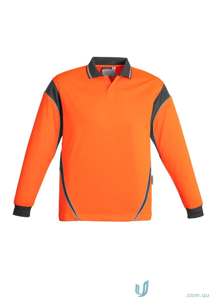 Orange and gray Syzmik men’s Vis Aztec Long Sleeve Polo Shirt for men