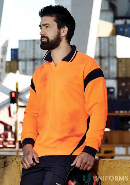 Orange and navy Syzmik Men’s Vis Aztec Long Sleeve Polo Shirt for work