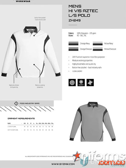 Men’s Syzmik Vis Aztec Long Sleeve Hi-Vis Polo Shirt for safety and style