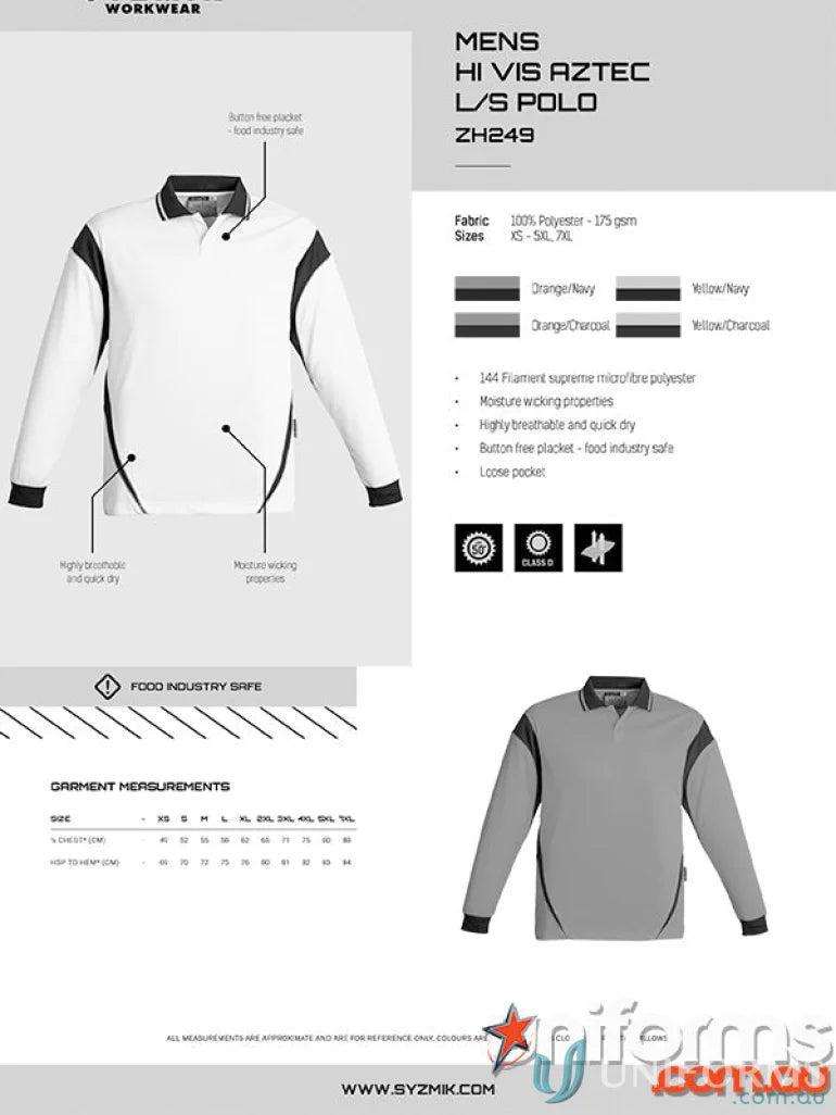 Men’s Syzmik Vis Aztec Long Sleeve Hi-Vis Polo Shirt for safety and style