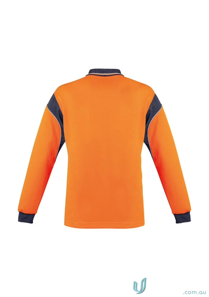 Orange and navy Syzmik Men’s Vis Aztec Long Sleeve Polo Shirt for stylish comfort