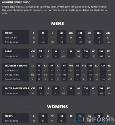 Clothing size guide for Syzmik Men’s Vis Aztec Aztec Short Sleeve Polo shirt