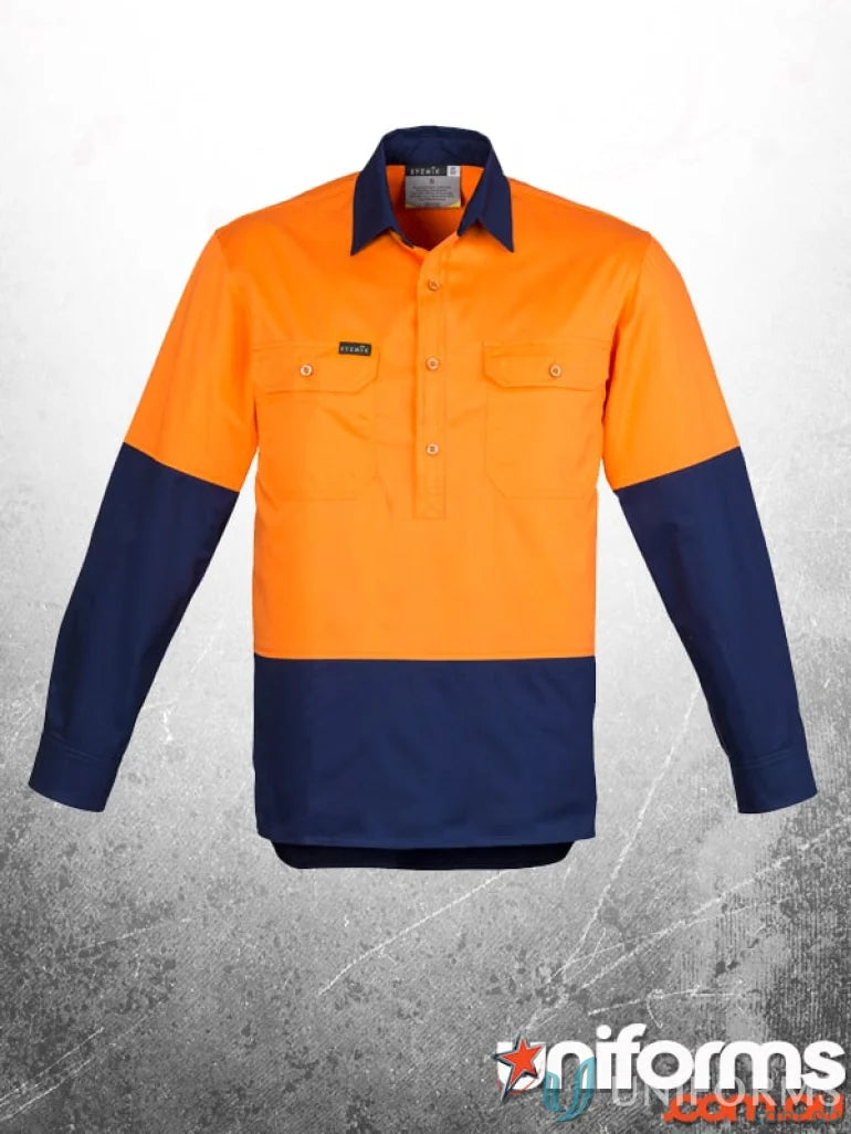 Orange and navy Syzmik Men’s Closed Front L/S Shirt in cotton twill long sleeve style