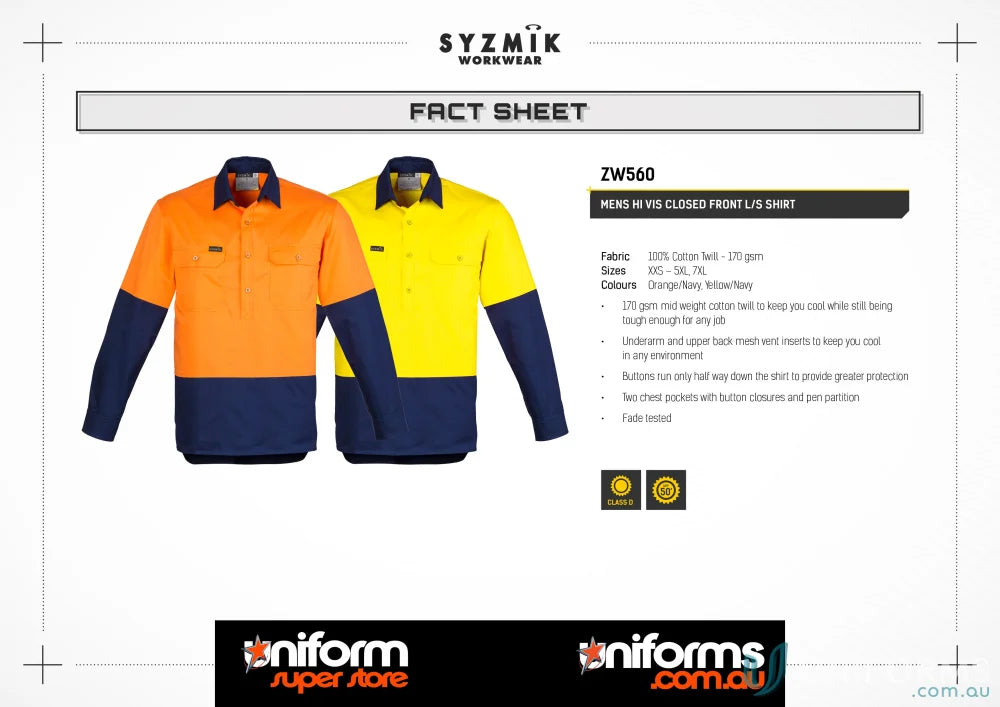 Syzmik Men’s Closed Front L/S Shirt ZW560 cotton twill long sleeve work shirt fact sheet