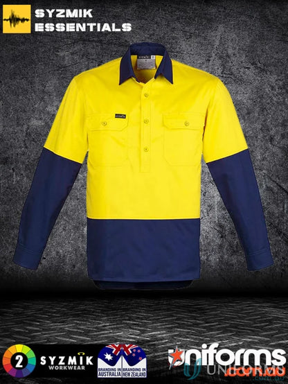 Yellow and blue Syzmik men’s closed sleeve shirt zw560 cotton twill long sleeve