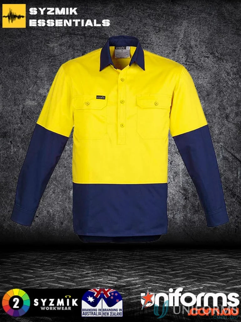 Yellow and blue Syzmik men’s closed sleeve shirt zw560 cotton twill long sleeve