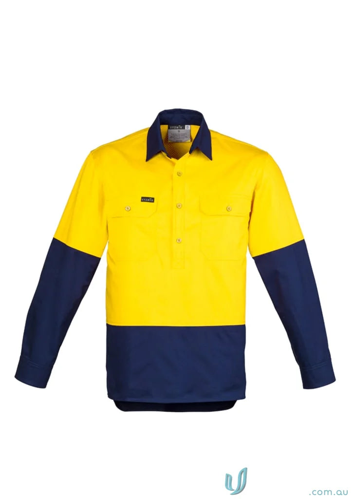 Yellow and navy blue Szyzmik men’s closed sleeve cotton twill long sleeve shirt zw560