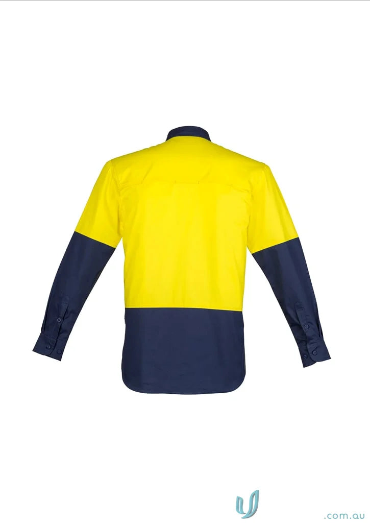 Yellow and navy blue Syzmik Men’s Closed Front Long Sleeve Shirt in cotton twill fabric