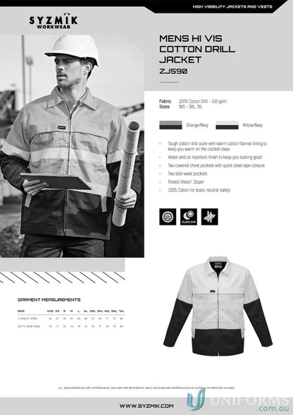 Men’s Syzmik HiVis Cotton Drill Jacket with flannel lining and drill jacket ZJ590