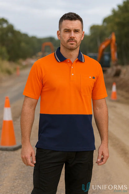 Men’s two-tone orange navy blue cotton short sleeve polo zh435—a from Hivis Cotton Syzmik