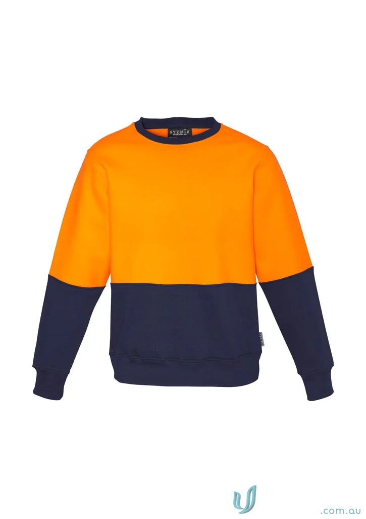 Two-tone orange and navy Syzmik HiVis Crew Sweatshirt for cold conditions