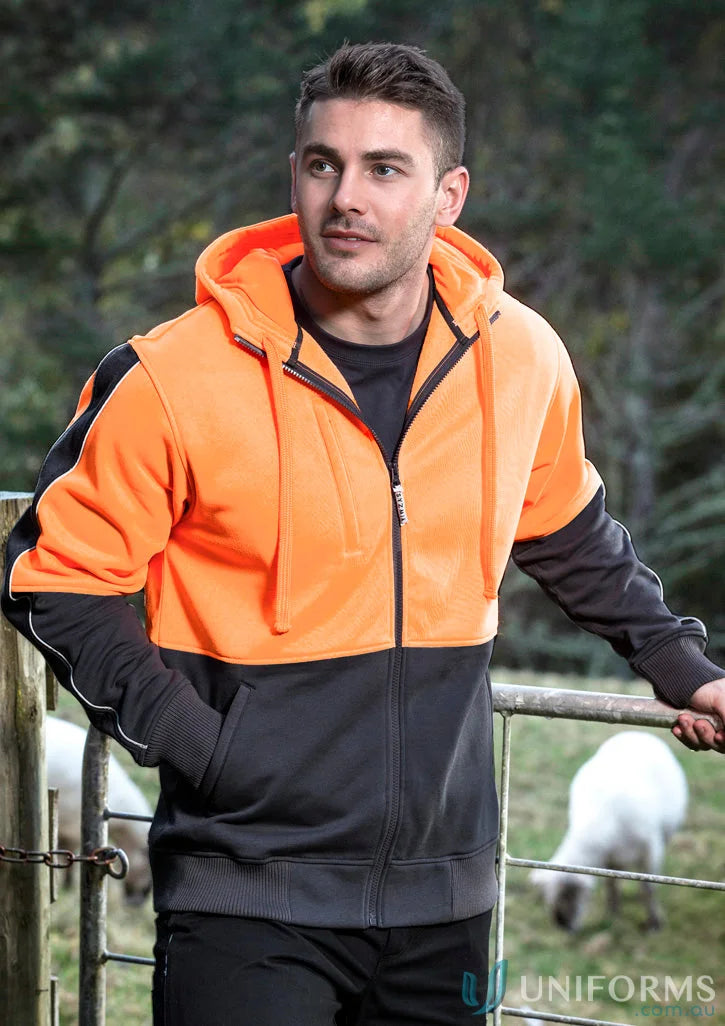 Orange and black Syzmik HiVis Full Zip Hoodie with mobile phone pocket and stay visible feature