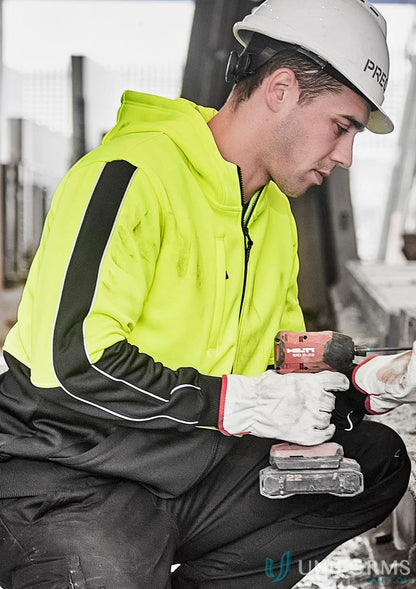 Construction worker in Syzmik HiVis Full Zip Hoodie ZT485 staying visible with mobile phone pocket