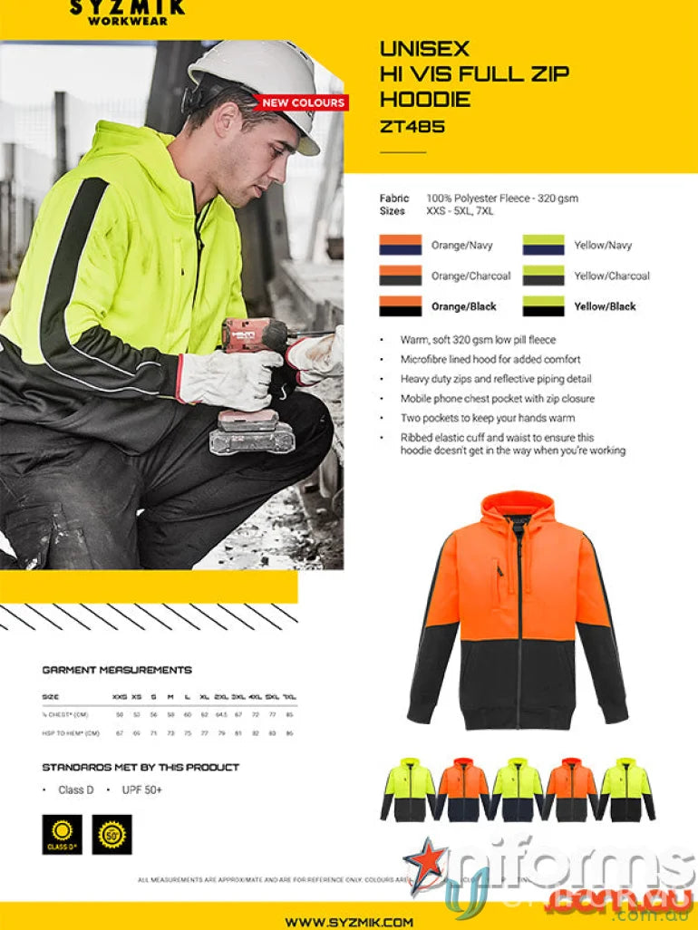 Syzmik HiVis Full Zip Hoodie with mobile phone pocket and stay visible feature