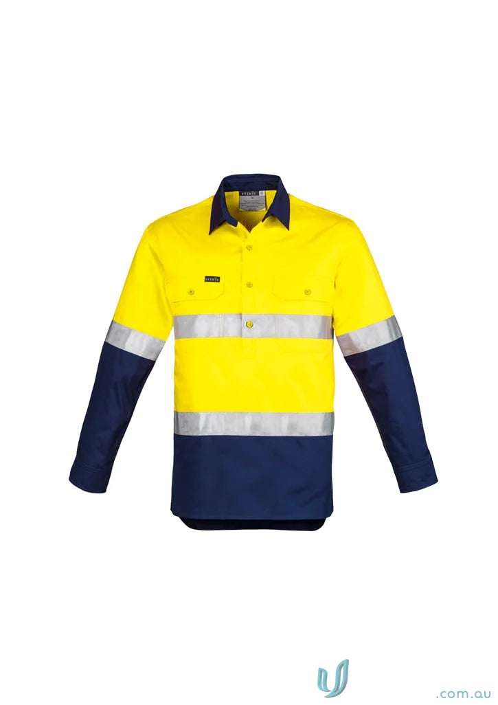 Yellow and navy blue long-sleeved Syzmik Men’s Closed Work Shirt with mesh vent inserts zw550