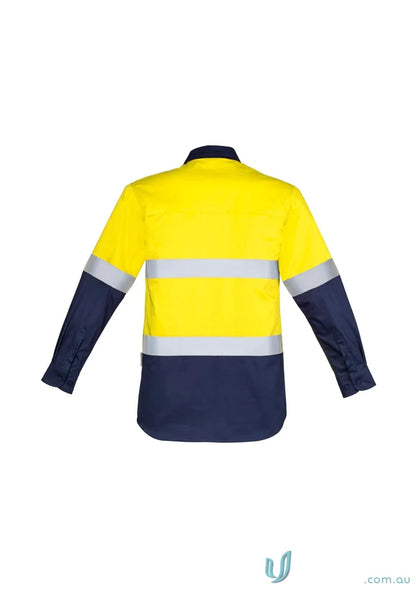 Yellow and navy blue high-visibility Syzmik men’s closed work shirt with mesh vent inserts zw550