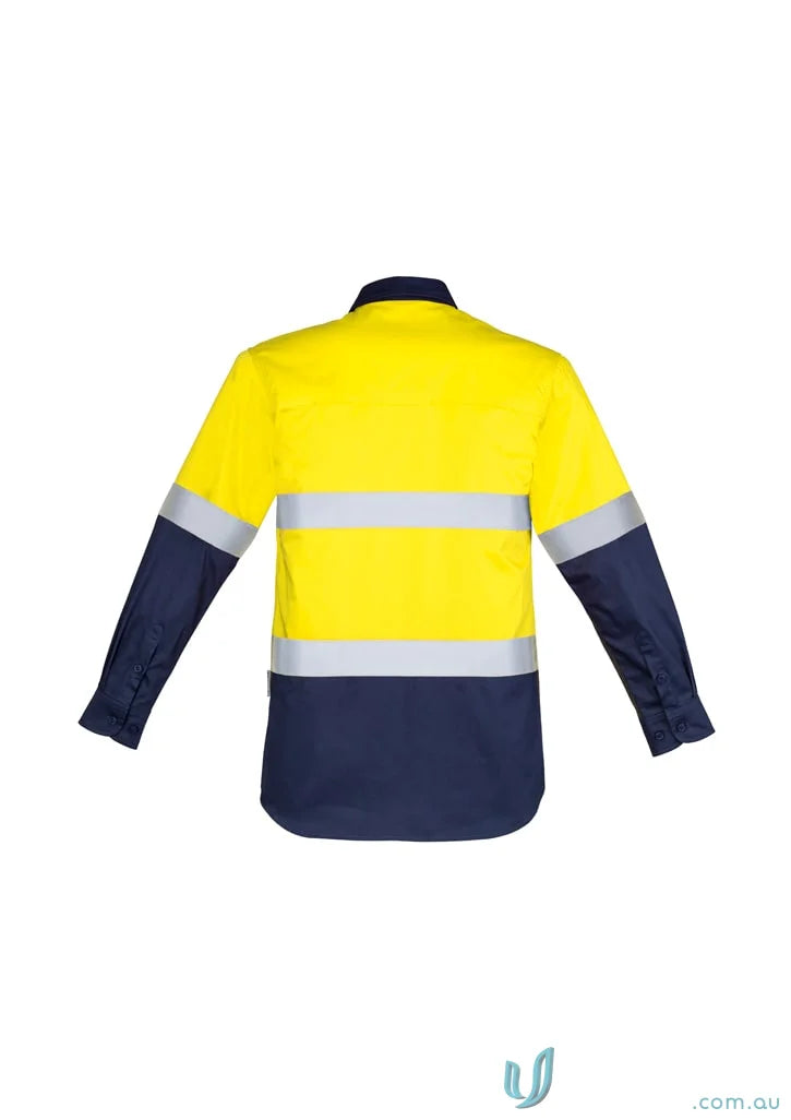 Yellow and navy blue high-visibility Syzmik men’s closed work shirt with mesh vent inserts zw550
