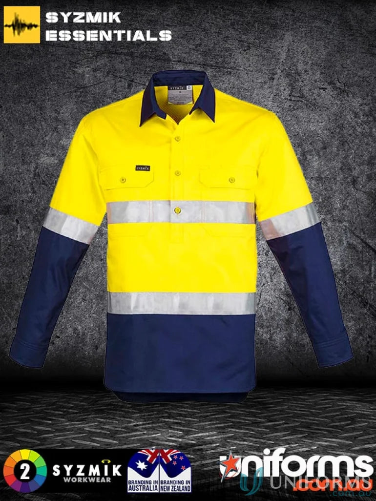 Yellow and navy blue high-vis work shirt with mesh vent inserts and syzmik men’s closed z w550
