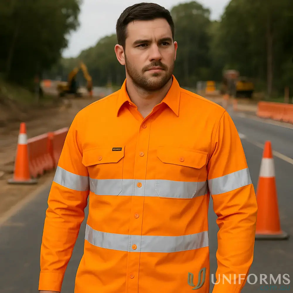 Orange Syzmik Men’s taped long sleeve work shirt with reflective hoops