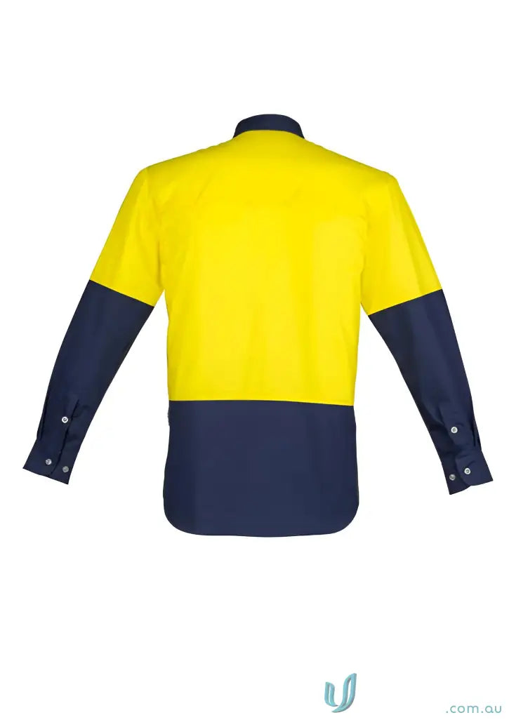 Yellow and blue industrial long sleeve Syzmik HiVis LS Shirt for demanding work environments