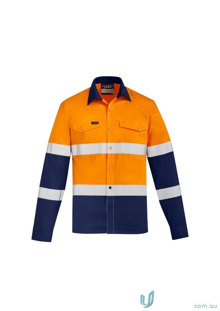 Orange and navy blue Syzmik men’s lightweight bio motion work shirt with motion arm taping
