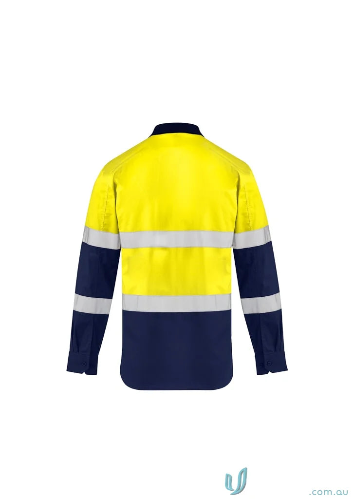 Yellow and navy blue high-vis work shirt with lightweight bio motion and motion arm taping