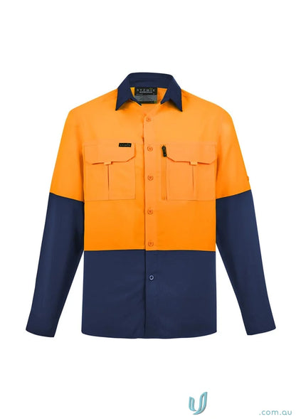 Orange and navy blue outdoor long sleeve Syzmik HIVIS shirt in ripstop fabric with sun protection