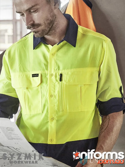 High-visibility outdoor long sleeve shirt with ripstop fabric and sun protection features