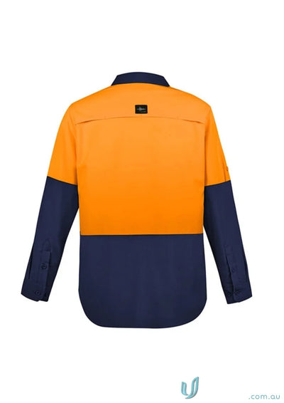 Orange and navy blue outdoor long sleeve Syzmik HIVIS shirt in ripstop fabric with sun protection