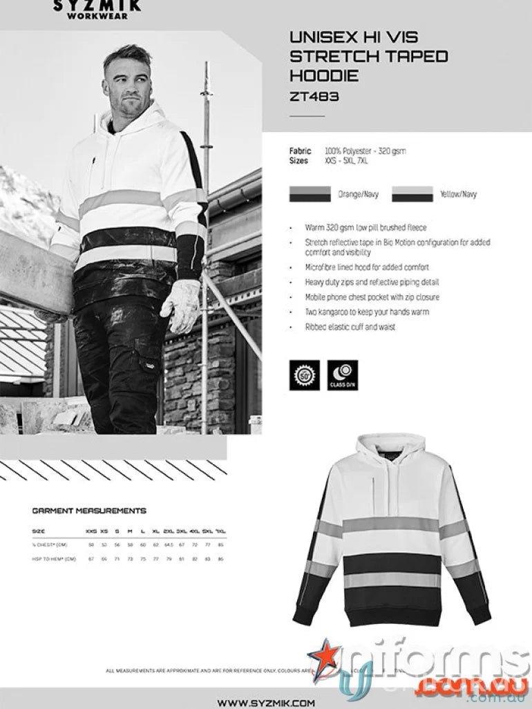 Syzmik HiVis Stretch Taped Hoodie with reflective tape and comfy stretch fit, hoodie ZT483