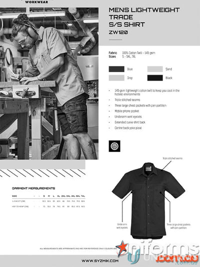 Syzmik mens lightweight tradie short sleeve shirt SS Zw120 perfect for work