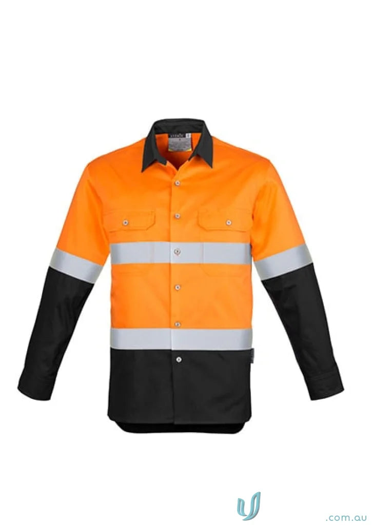 Orange and black high-visibility Syzmik men’s industrial long sleeve shirt with hoop taped zw123 for demanding work environments