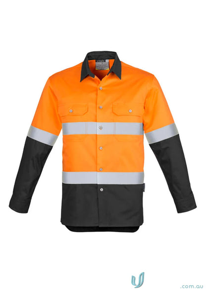 Orange and black syzmik men’s industrial long sleeve shirt with hoop taped zw123 for demanding work environments