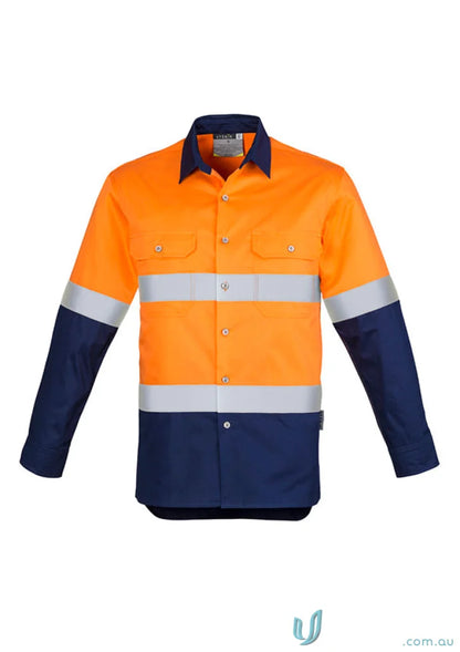Orange and navy blue high-vis Syzmik Men’s Industrial Long Sleeve Shirt hoop taped zw123 for demanding work environments