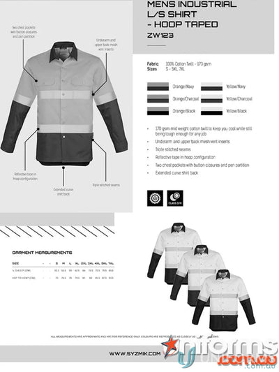 Syzmik mens industrial long-sleeve shirt with hoop taped zw123 for demanding work environments