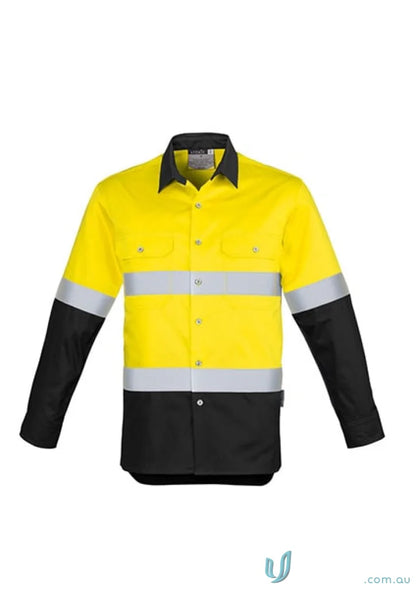 Yellow and black Syzmik men’s industrial long sleeve shirt with hoop taped zw123 for demanding work environments
