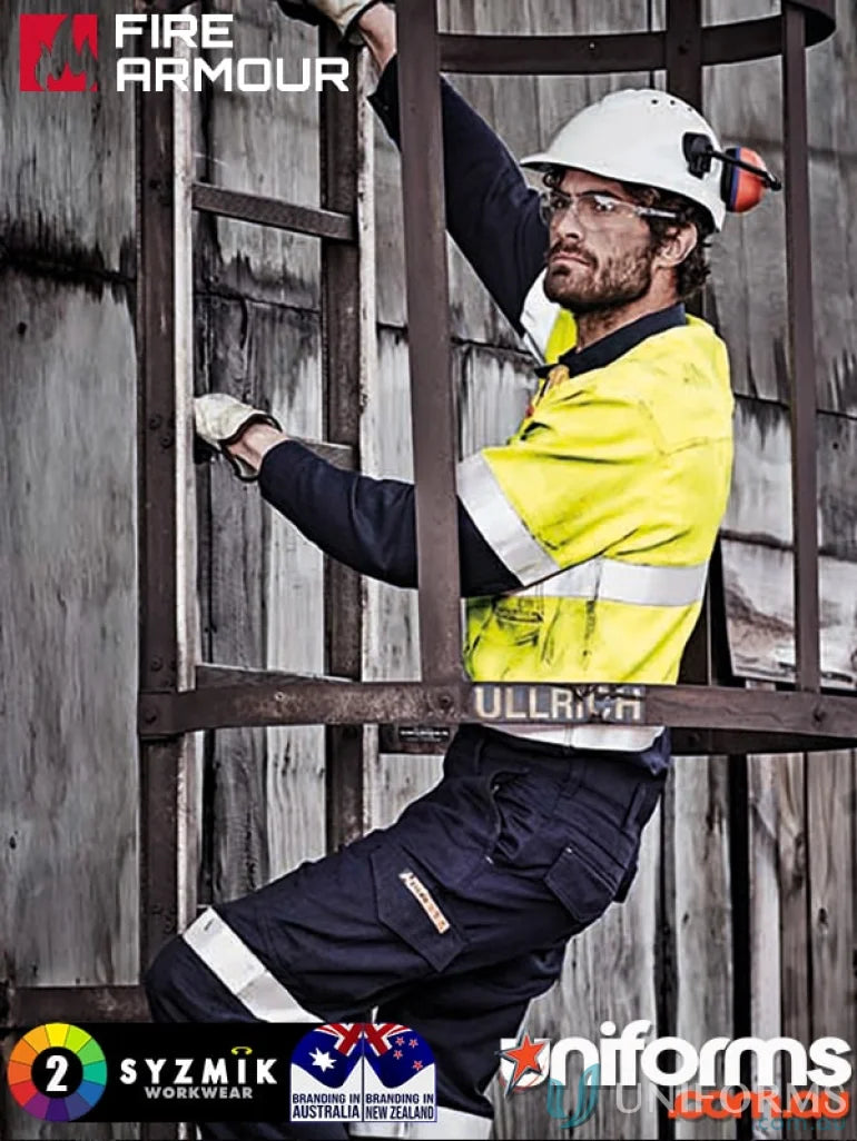 Syzmik men’s orange workwear shirt with two chest pockets and 7cal protection for climbing