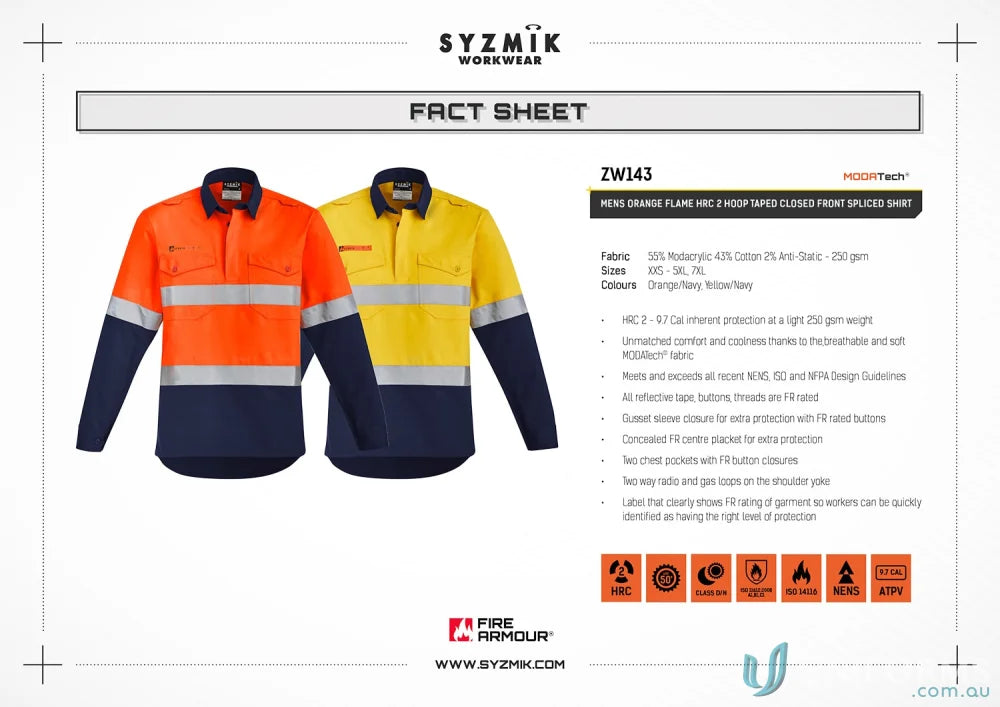 Workwear fact sheet for Syzmik Men’s Orange Flame HRC 2 Hoop Taped Shirt with two chest pockets
