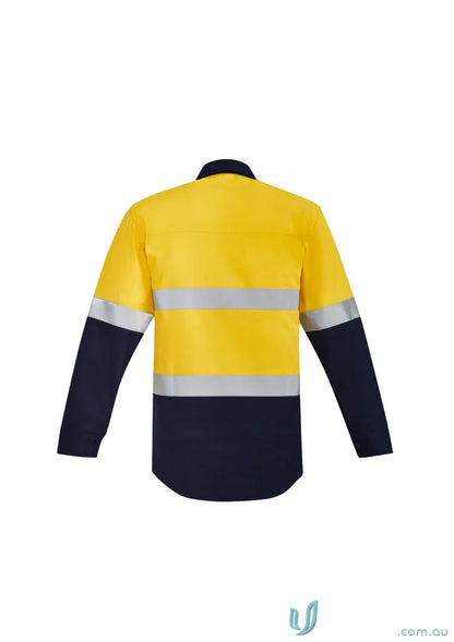 Yellow and navy long-sleeved work shirt with two chest pockets and syzmic men’s orange style