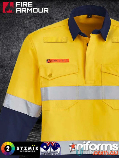 Yellow and navy work shirt with two chest pockets from Syzmik Men’s Orange Flame HRC 2