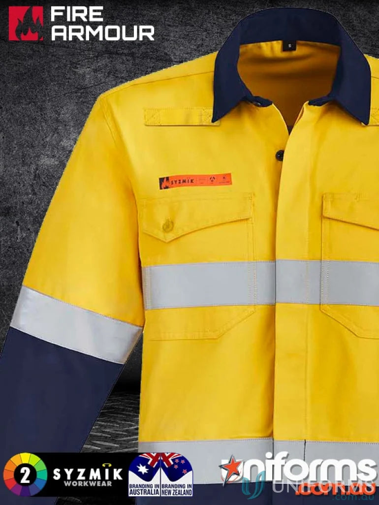 Men’s orange flame hi-vis spliced shirt with yellow and navy work shirt and reflective stripes