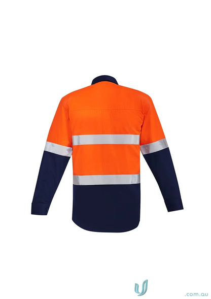 Orange flame hi-vis spliced work shirt with navy blue reflective tape for men’s orange flame safety gear