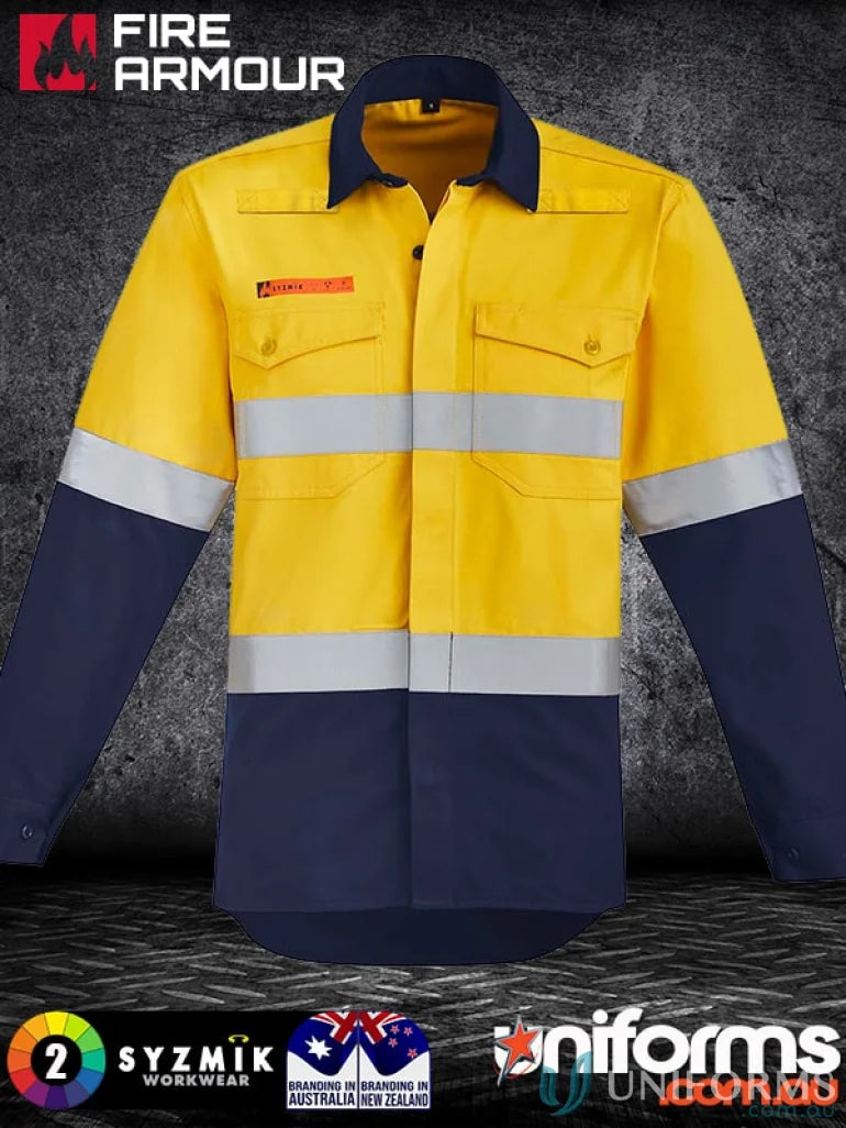 Yellow and navy blue work shirt with reflective stripes from Men’s Orange Flame HRC 2 spliced shirt