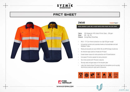 Two-toned men’s orange flame hi-vis spliced work shirt in Syzmik Orange Flame HRC 2