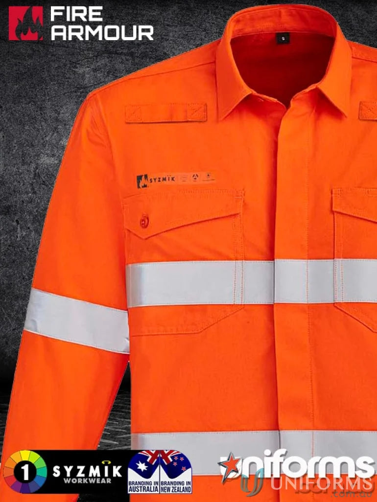 Syzmik men’s orange flame HRC work shirt offers superior protection and high visibility