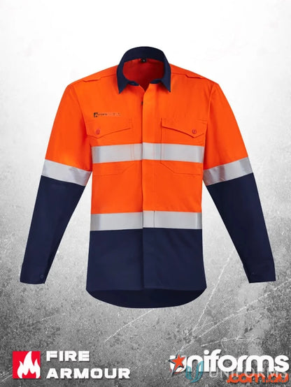 Orange flame hi-vis men’s orange flame spliced work shirt with navy long sleeves