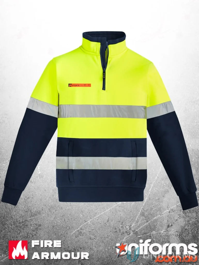 High-visibility Syzmik Men’s Orange Flame Zip Brushed Fleece sweatshirt with reflective stripes