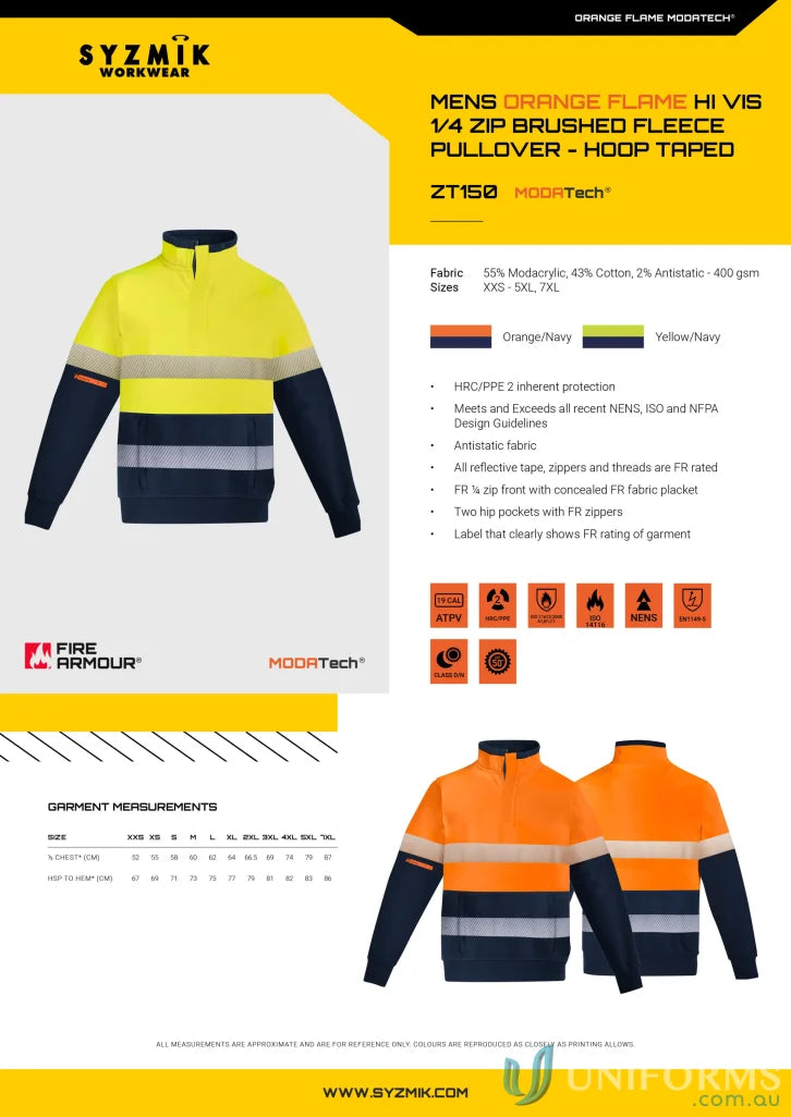 Syzmik men’s orange flame zip brushed fleece pullover for high visibility and safety