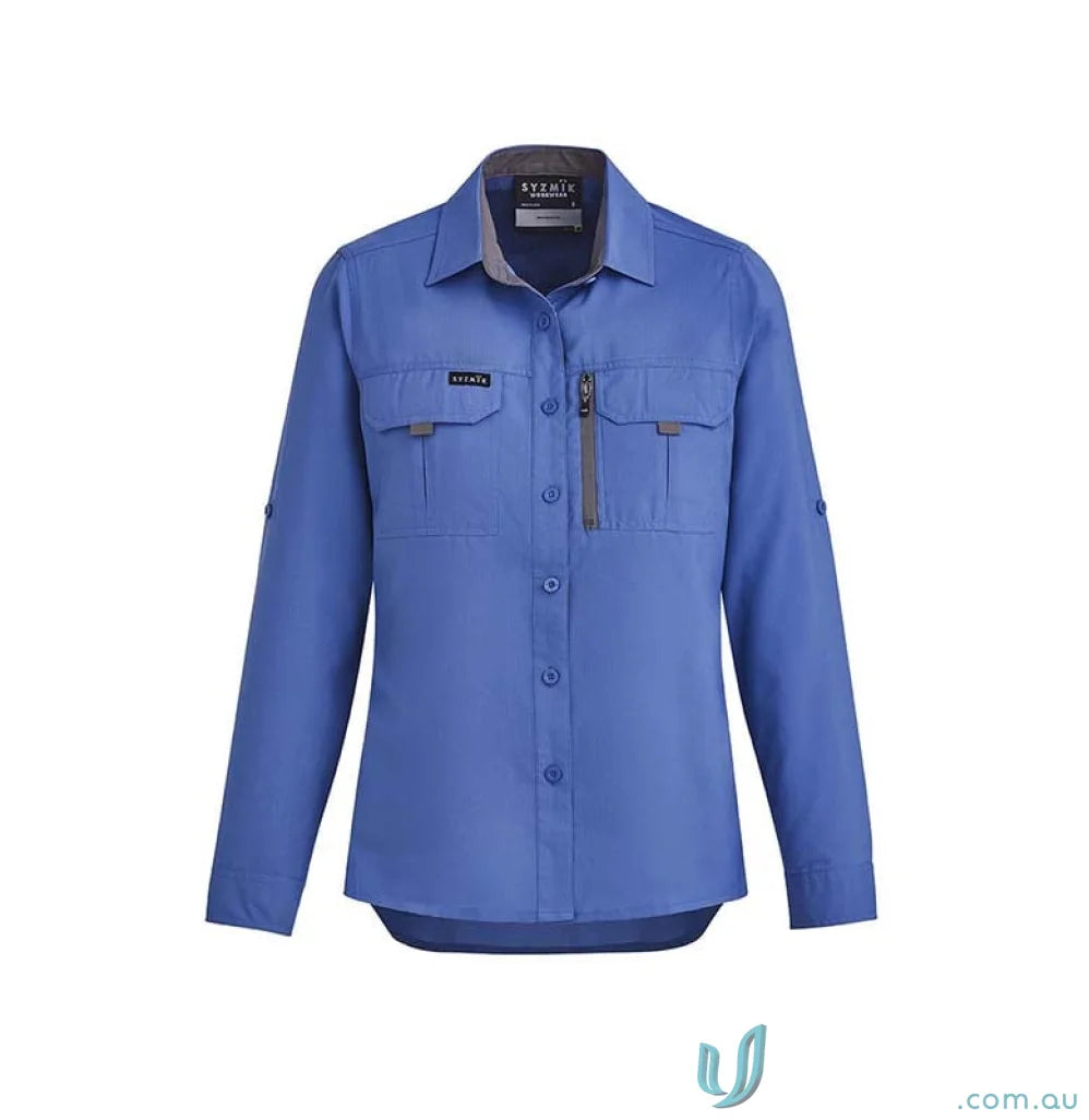 Syzmik Outdoor Ladies LS Shirt in periwinkle blue with chest pockets and zipper detail